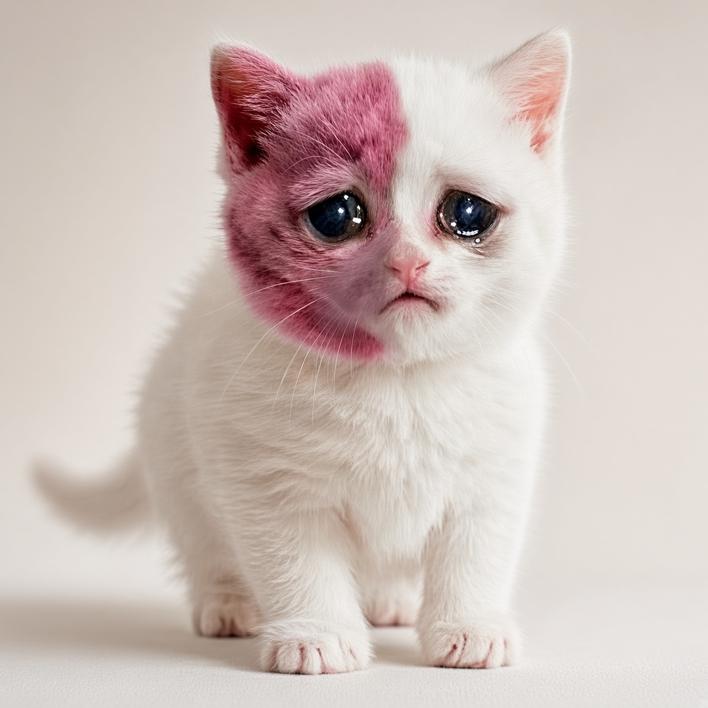 BMCAT — white kitten with a pink birthmark and teary blue eyes